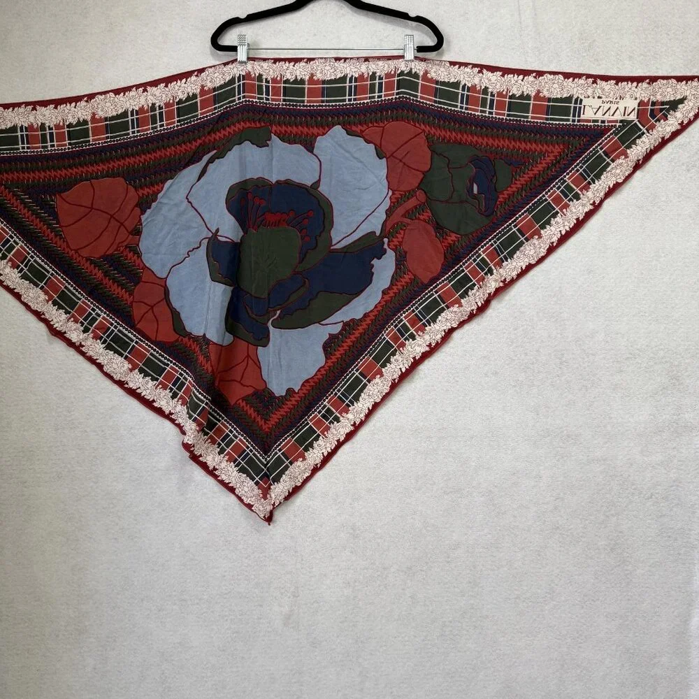 Lanvin Paris Scarf Womens One Size Silk Triangle Floral Plaid Made France Red